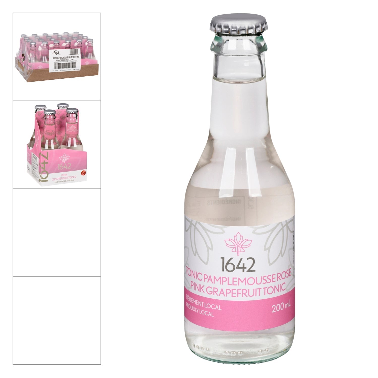 1642 Tonic Pink Grapefruit — 200 ml bottle, 4 x 200 ml pack, and case