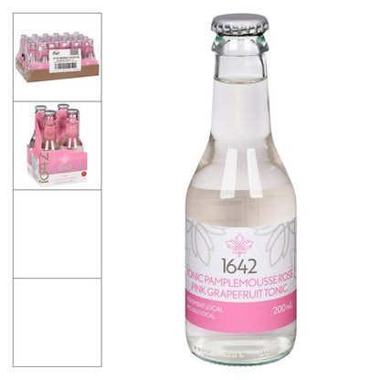 1642 Tonic Pink Grapefruit — 200 ml bottle, 4 x 200 ml pack, and case