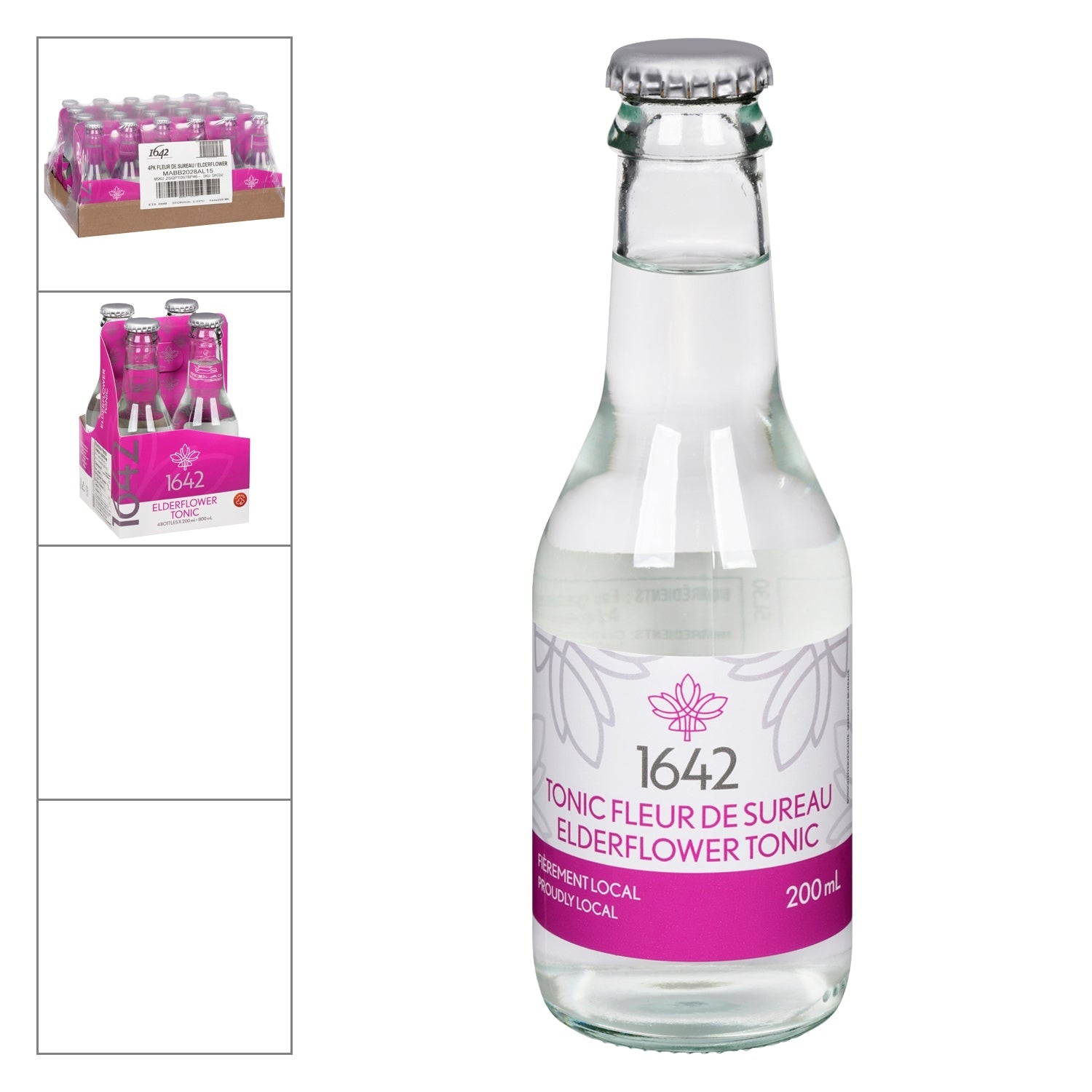 1642 Tonic Elderflower — 200 ml bottle, 4 x 200 ml pack, and case