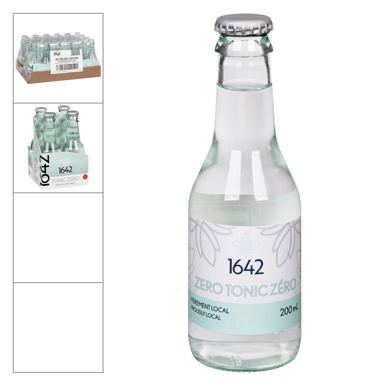 1642 Tonic Zero — 200-ml bottle, 4-pack of 200-ml bottles, and case