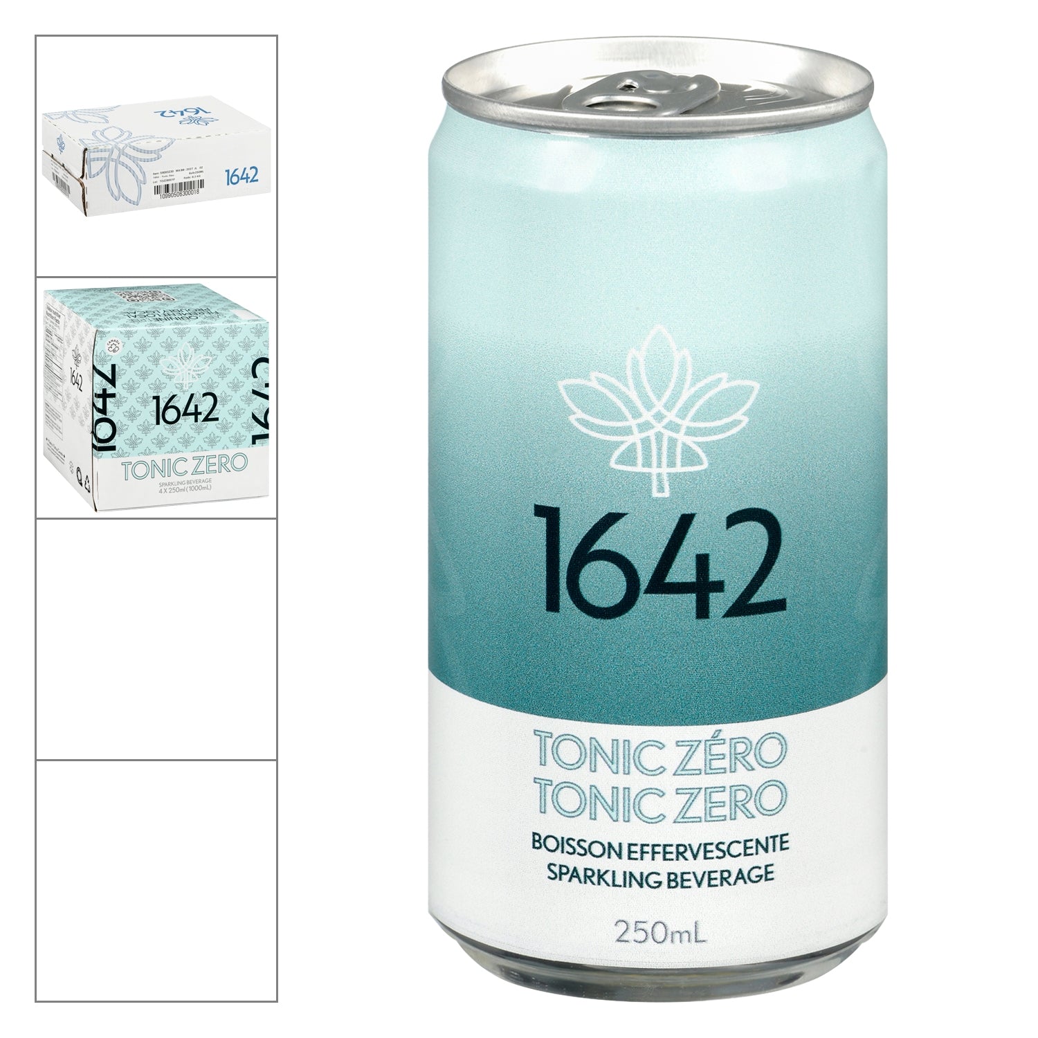 1642 Tonic Zéro — canette 250 ml, emballage 4 x 250 ml et caisse